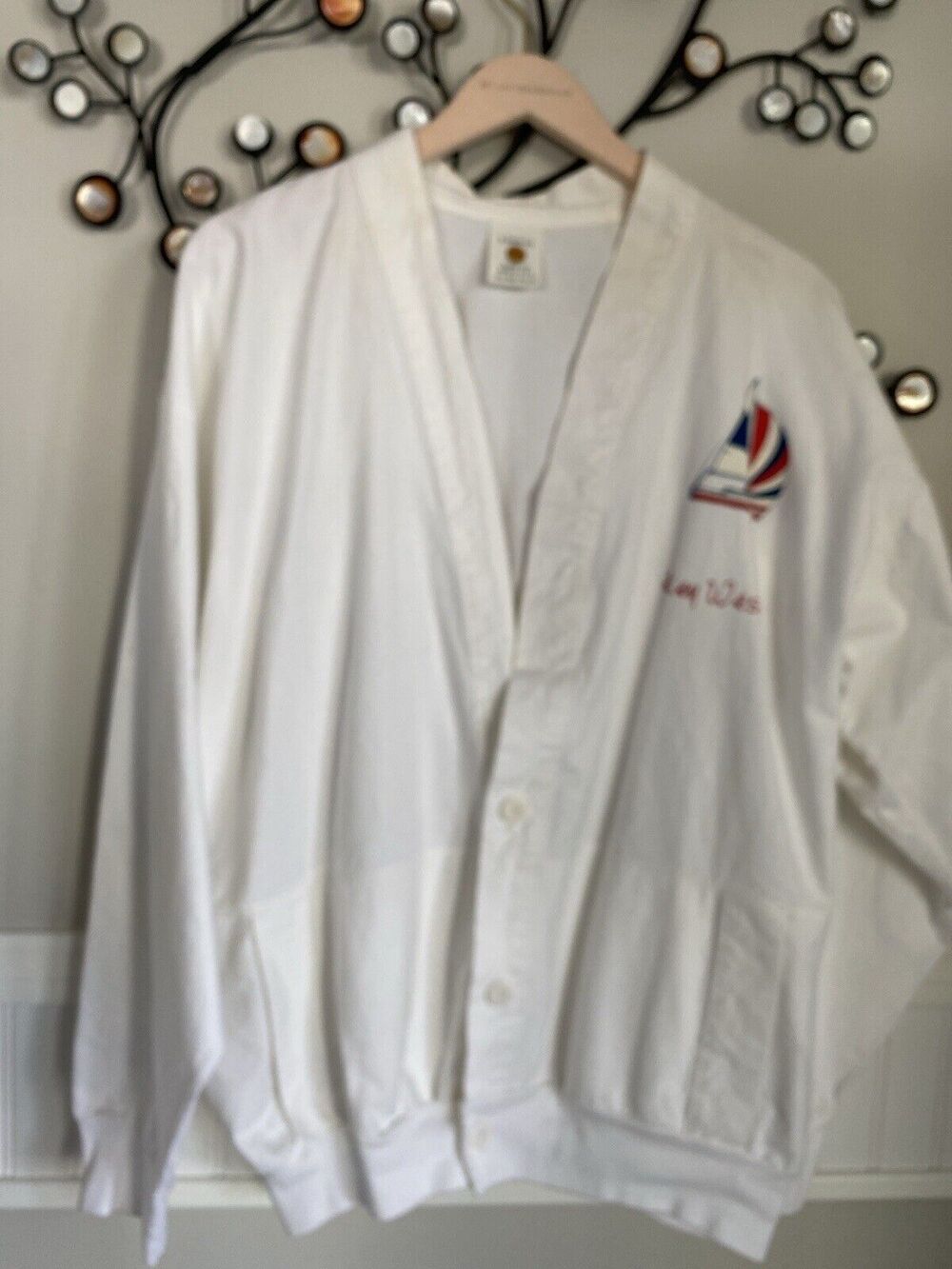 Vintage cardigan, white. Embellished with sailboat and Key West signature Cotton